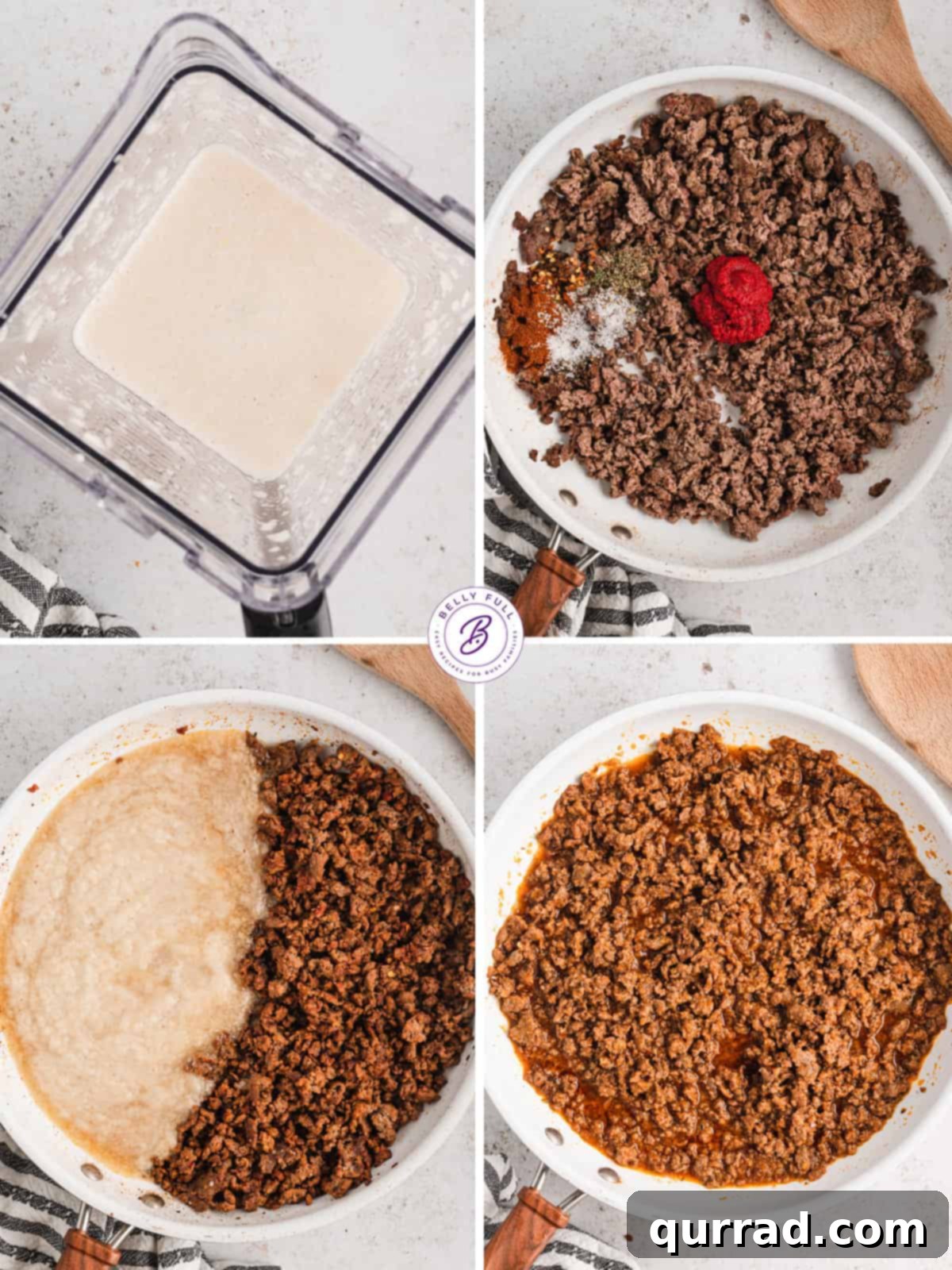 Visual guide to making Magic Meat Sauce: blending, browning, and simmering for maximum flavor. Process shots showing how to prepare Magic Meat Sauce: blending aromatics, browning beef, and simmering the sauce.