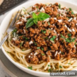 Overhead view of pasta with meat sauce