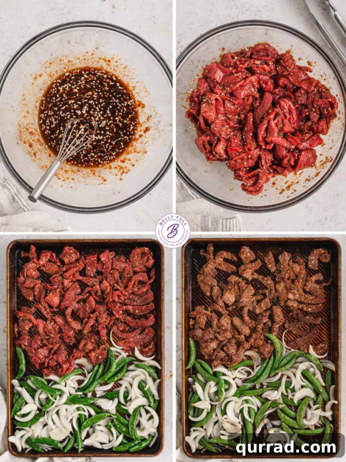 One-Pan Korean BBQ Beef 4 Process shots of how to make sheet pan beef bulgogi with ingredients in bowls and on a sheet pan