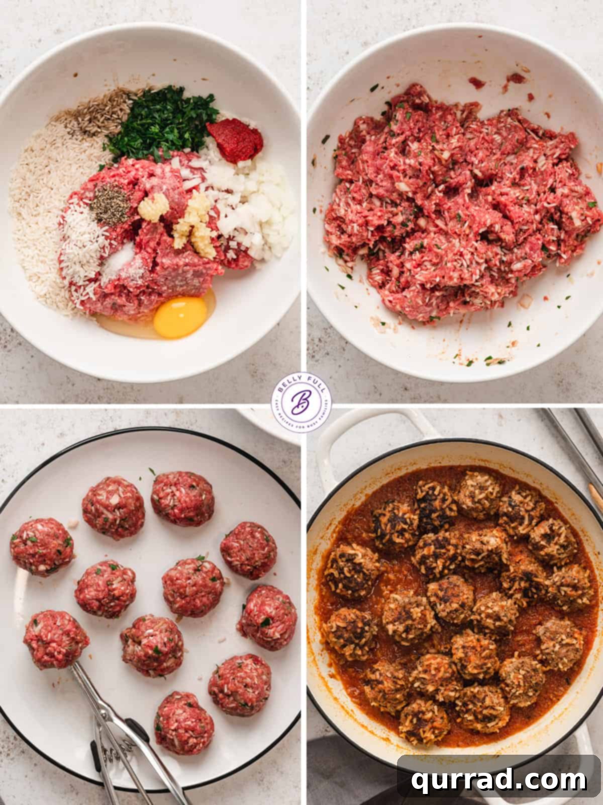 Process shots showing how to combine ingredients and form porcupine meatballs