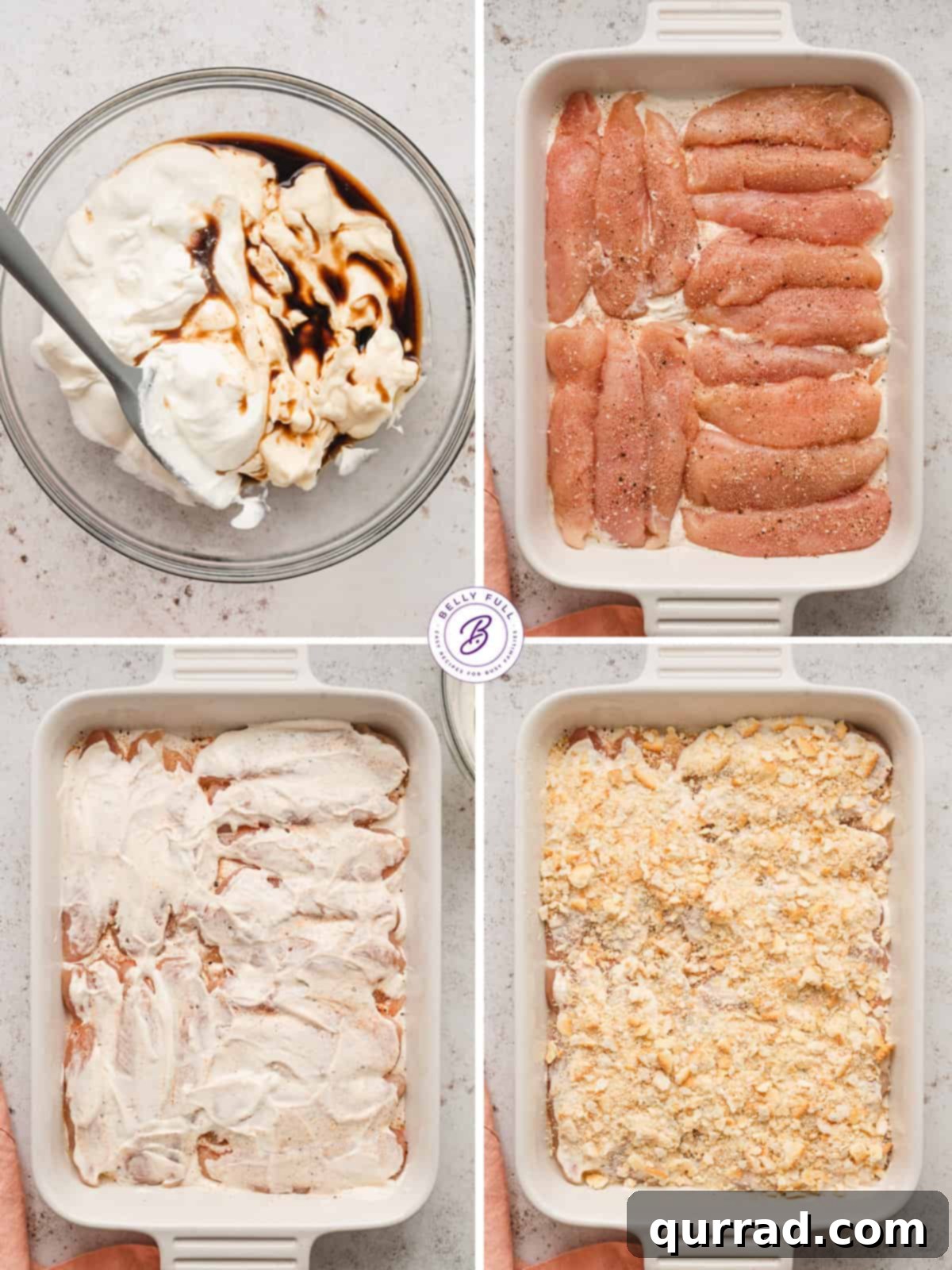 A collage of process shots showing the steps to prepare Ritz Cracker Chicken Casserole, from mixing the sauce to layering ingredients in a baking dish.