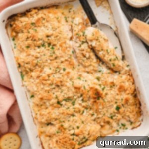 Overhead view of a casserole dish of mayo Ritz chicken