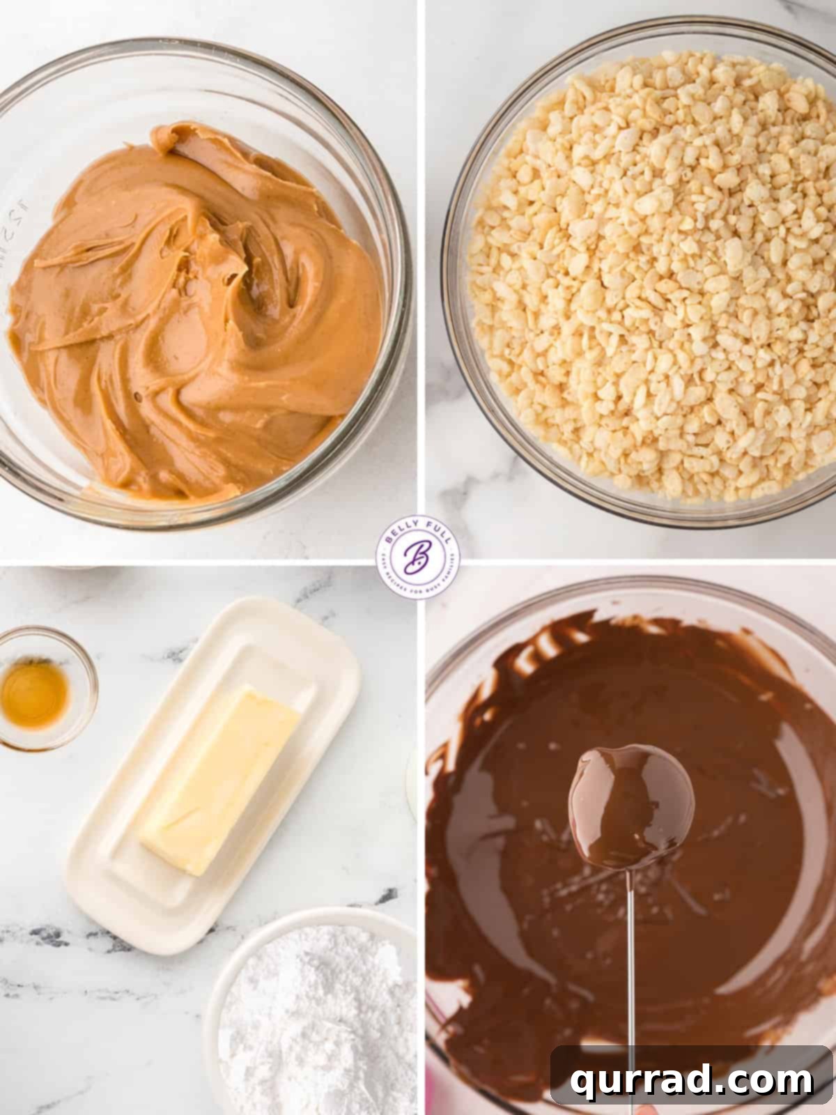 Process shots of how to make chocolate covered peanut butter balls with Rice Krispies