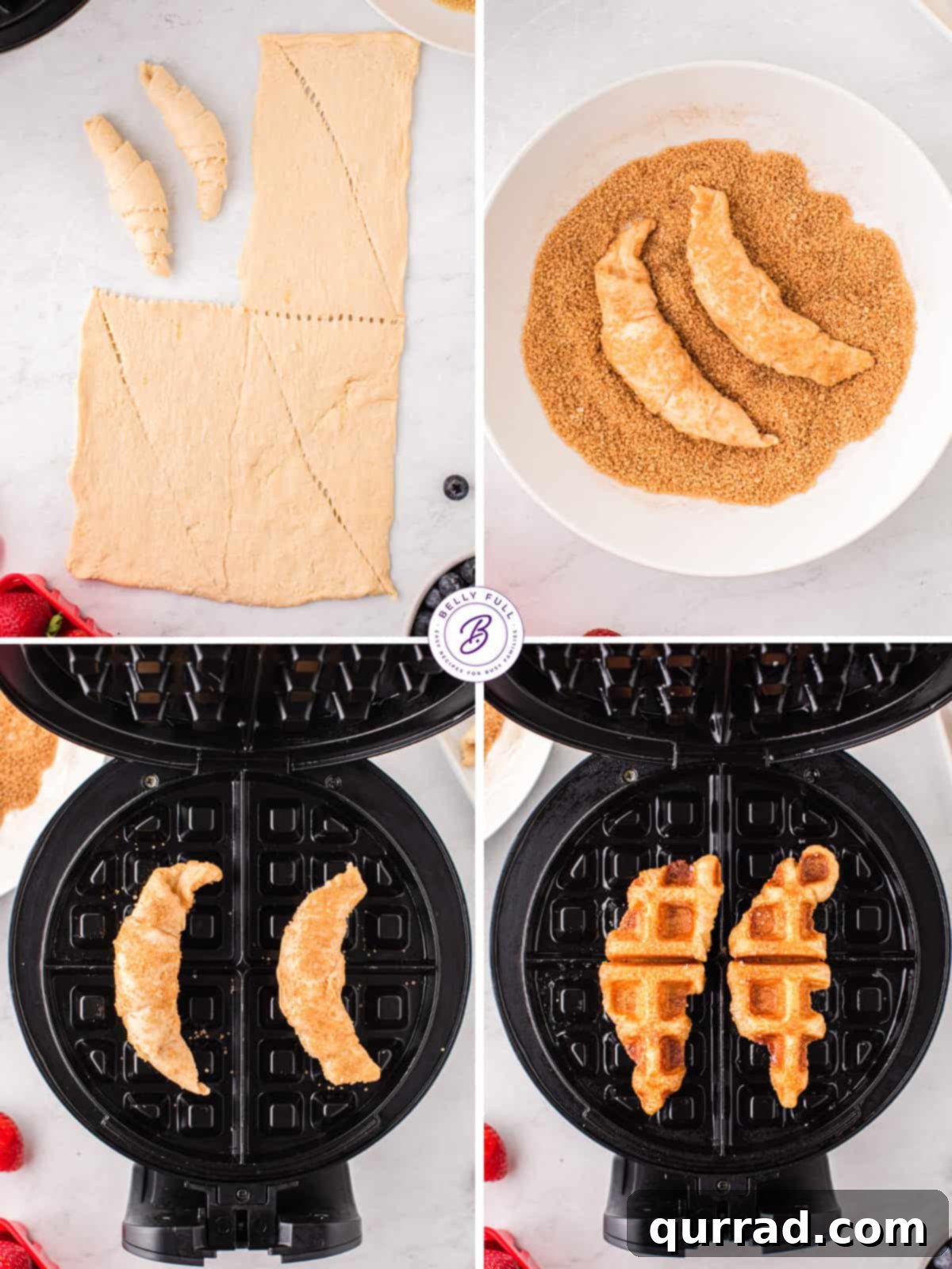 A four-panel collage illustrating the step-by-step process of making croffles: unrolling crescent dough, rolling into croissants, coating with cinnamon sugar, and pressing in a waffle iron.