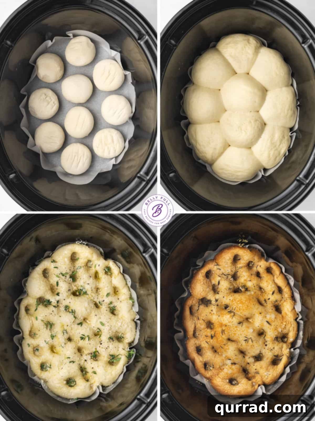 A step-by-step visual of frozen dinner rolls arranged in a parchment-lined slow cooker, ready for the initial warming and rising phase.