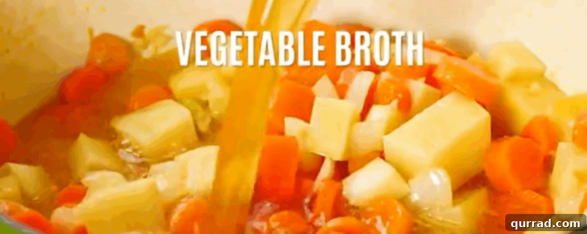 Adding vegetable broth to the sautéed vegetables in the pot.