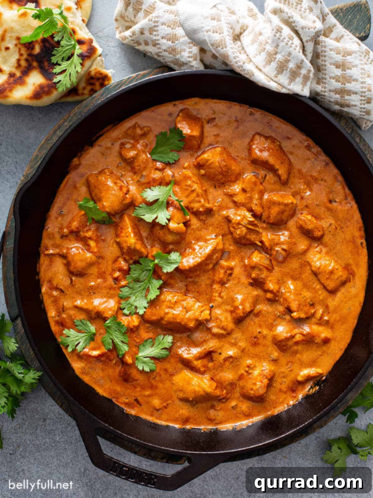 overhead chicken tikka masala in cast iron skillet