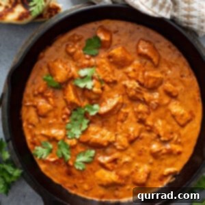 overhead chicken tikka masala in cast iron skillet