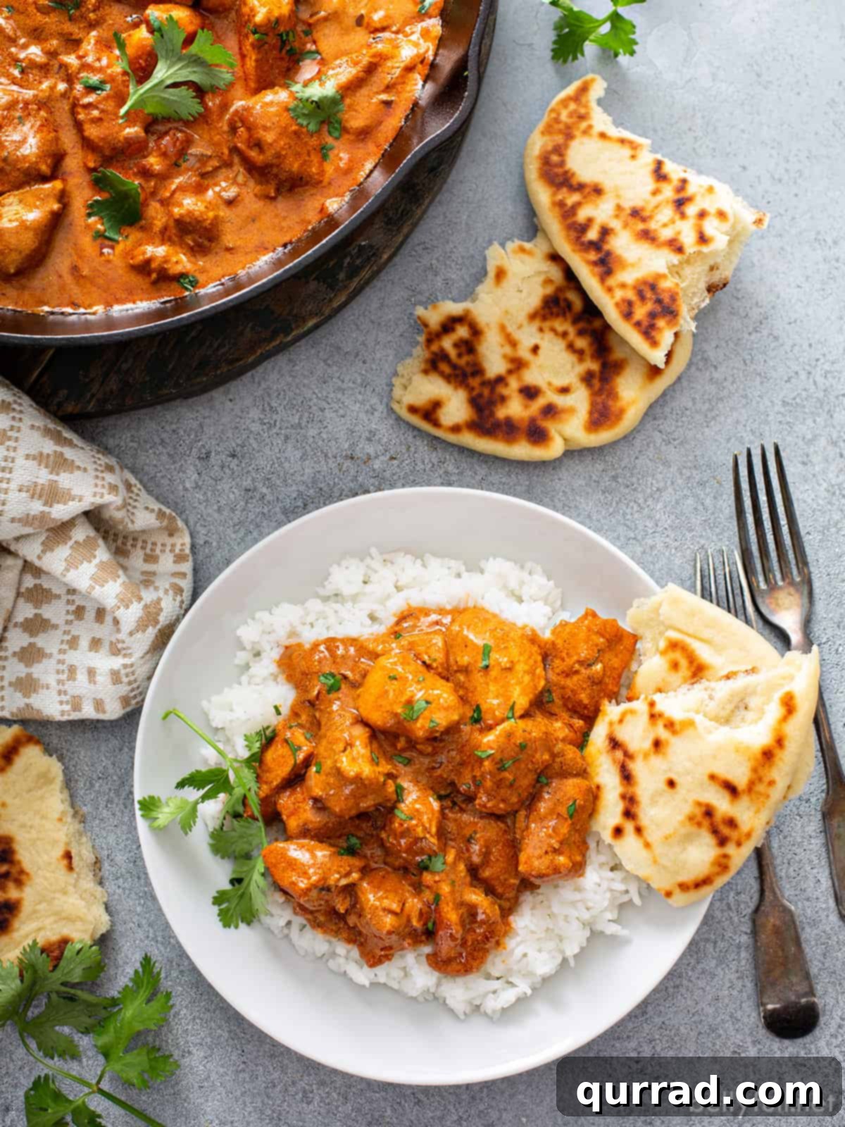 tikka masala over white rice on plate with torn naan