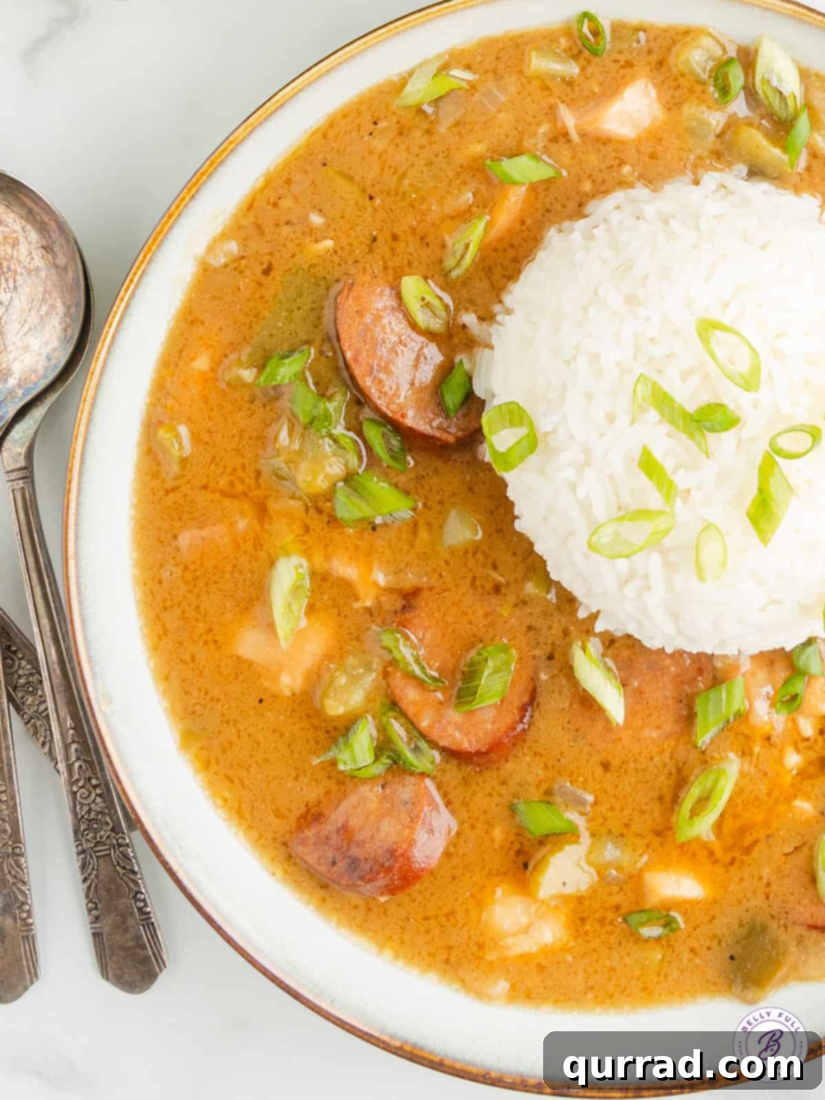 A steaming bowl of Chicken and Sausage Gumbo served over white rice, garnished with green onions, showcasing tender chicken, sliced andouille sausage, and a rich, dark roux-based broth.