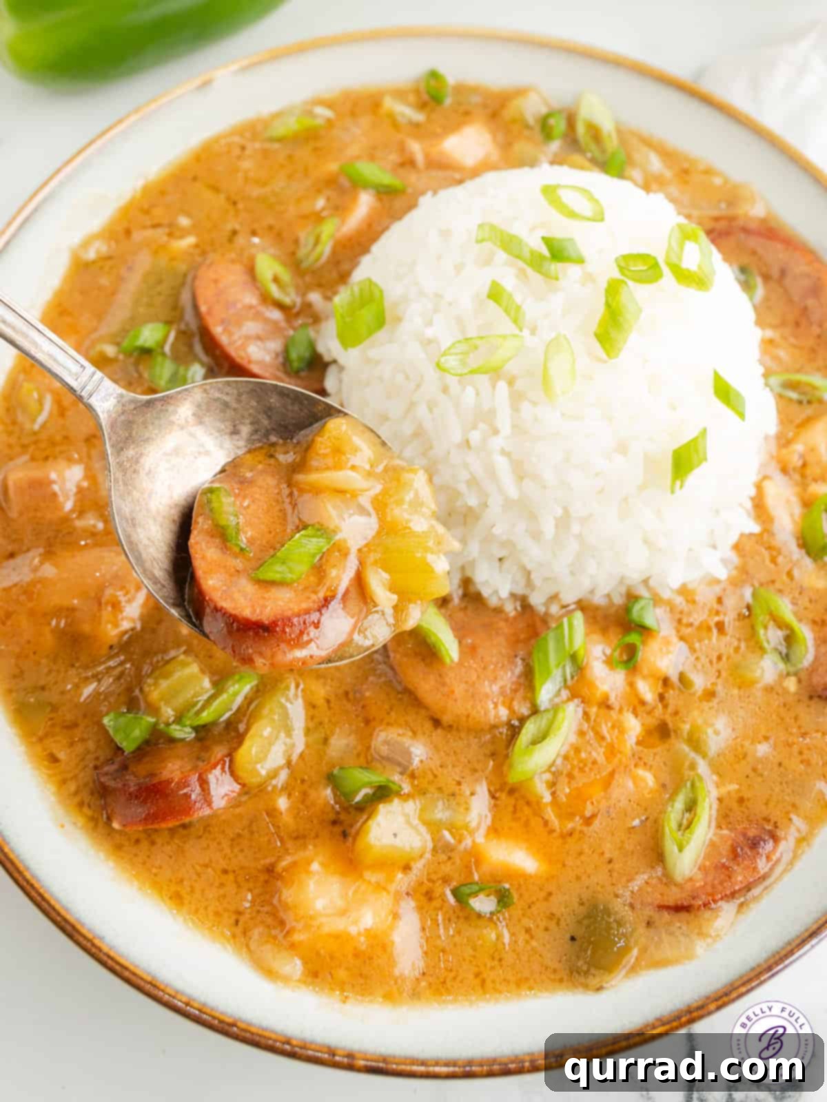 A close-up of a spoon lifting a portion of Chicken and Sausage Gumbo from a bowl, highlighting the rich broth, pieces of chicken, and vibrant vegetables.