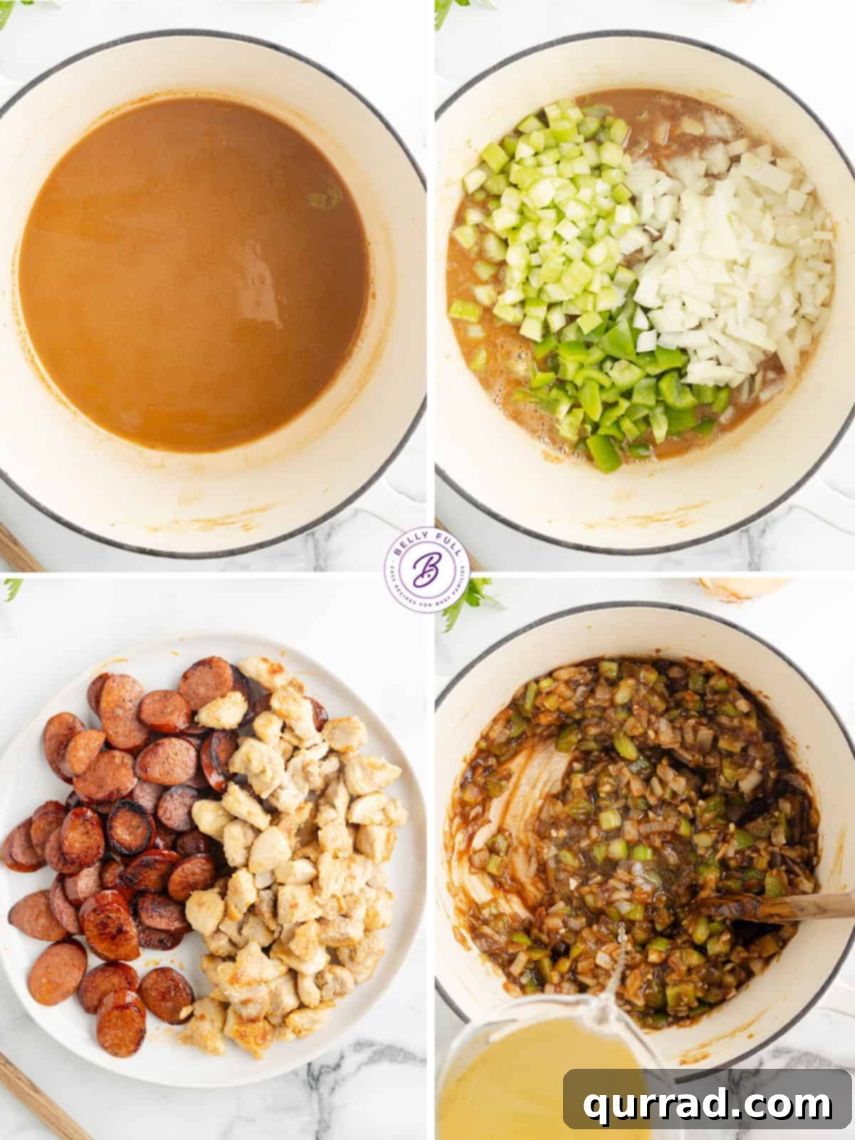 A visual step-by-step collage demonstrating the key stages of making Chicken and Sausage Gumbo, from preparing the roux to simmering the final stew.