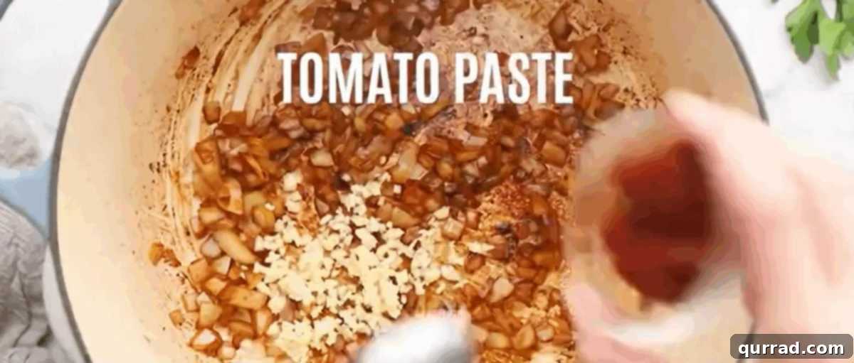Sautéing diced onion, minced garlic, and tomato paste in a soup pot.