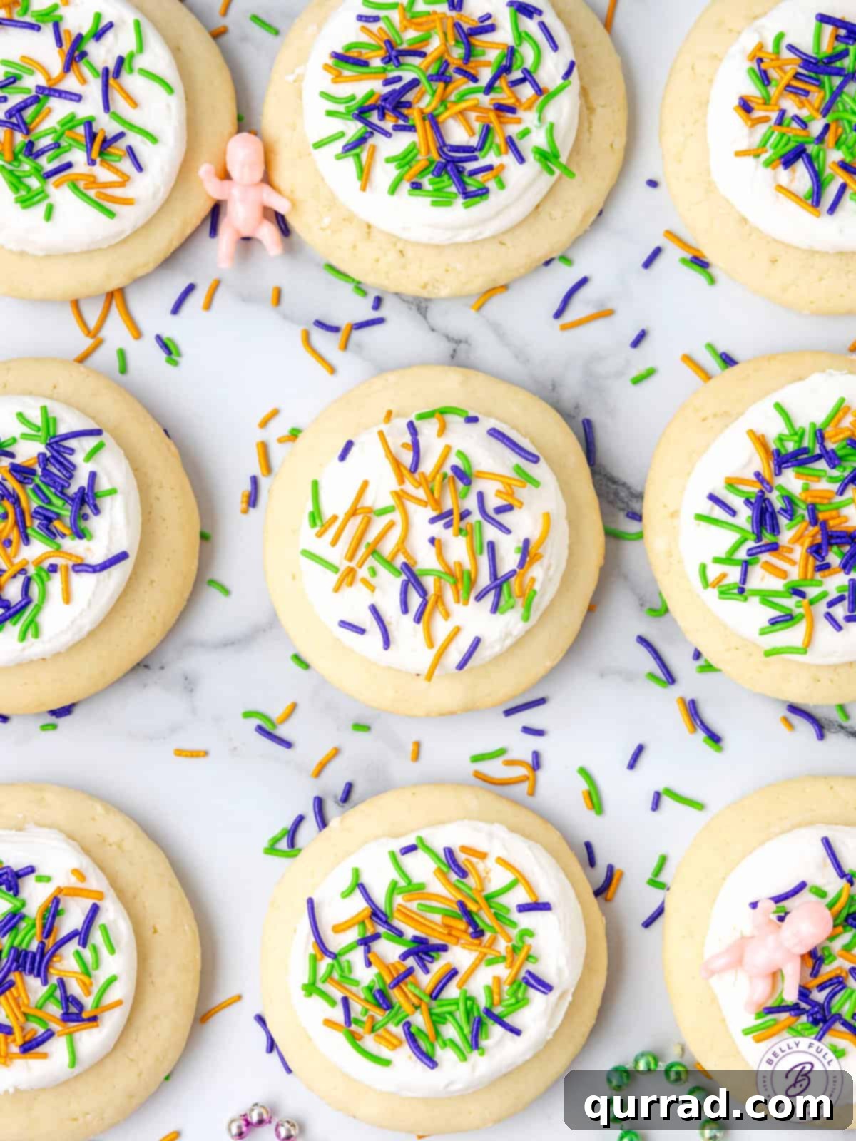 Vibrant Mardi Gras Lofthouse Cookies 3 9 frosted cookies with purple, green, and gold sprinkles