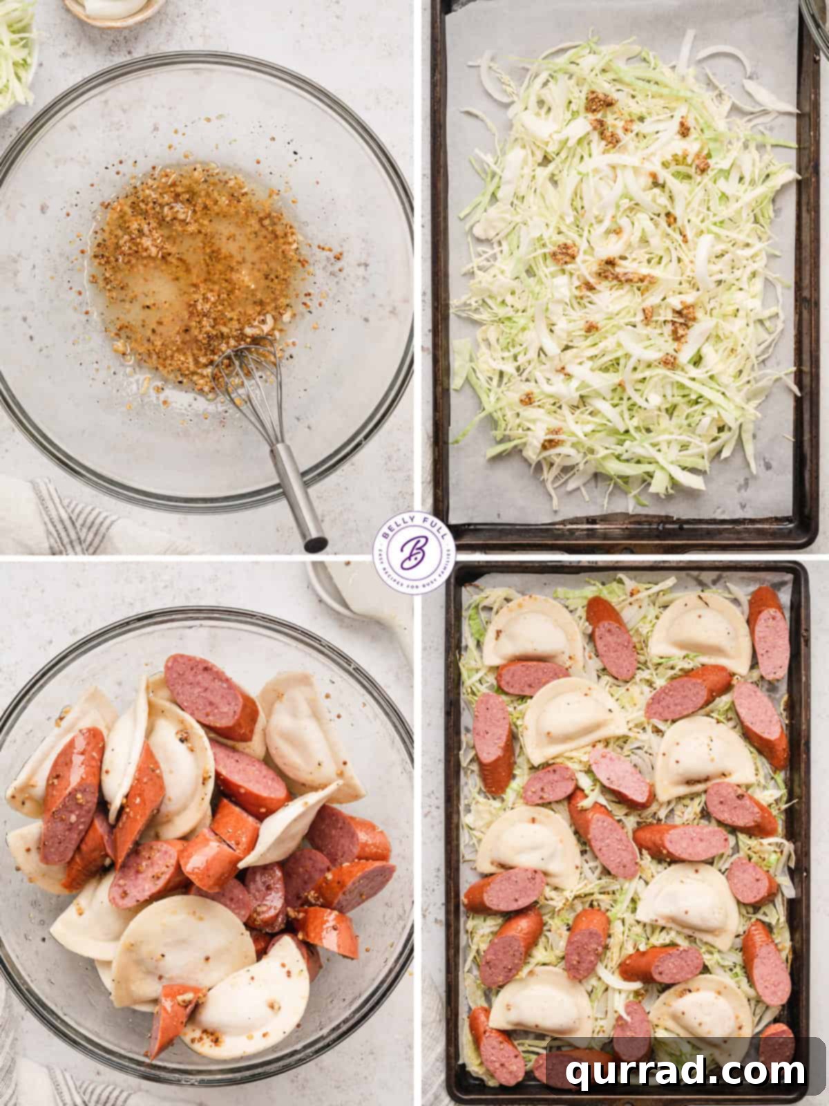 Step-by-step process of preparing Sheet Pan Pierogi and Sausage, showing ingredients tossed in seasoning and spread on a baking sheet