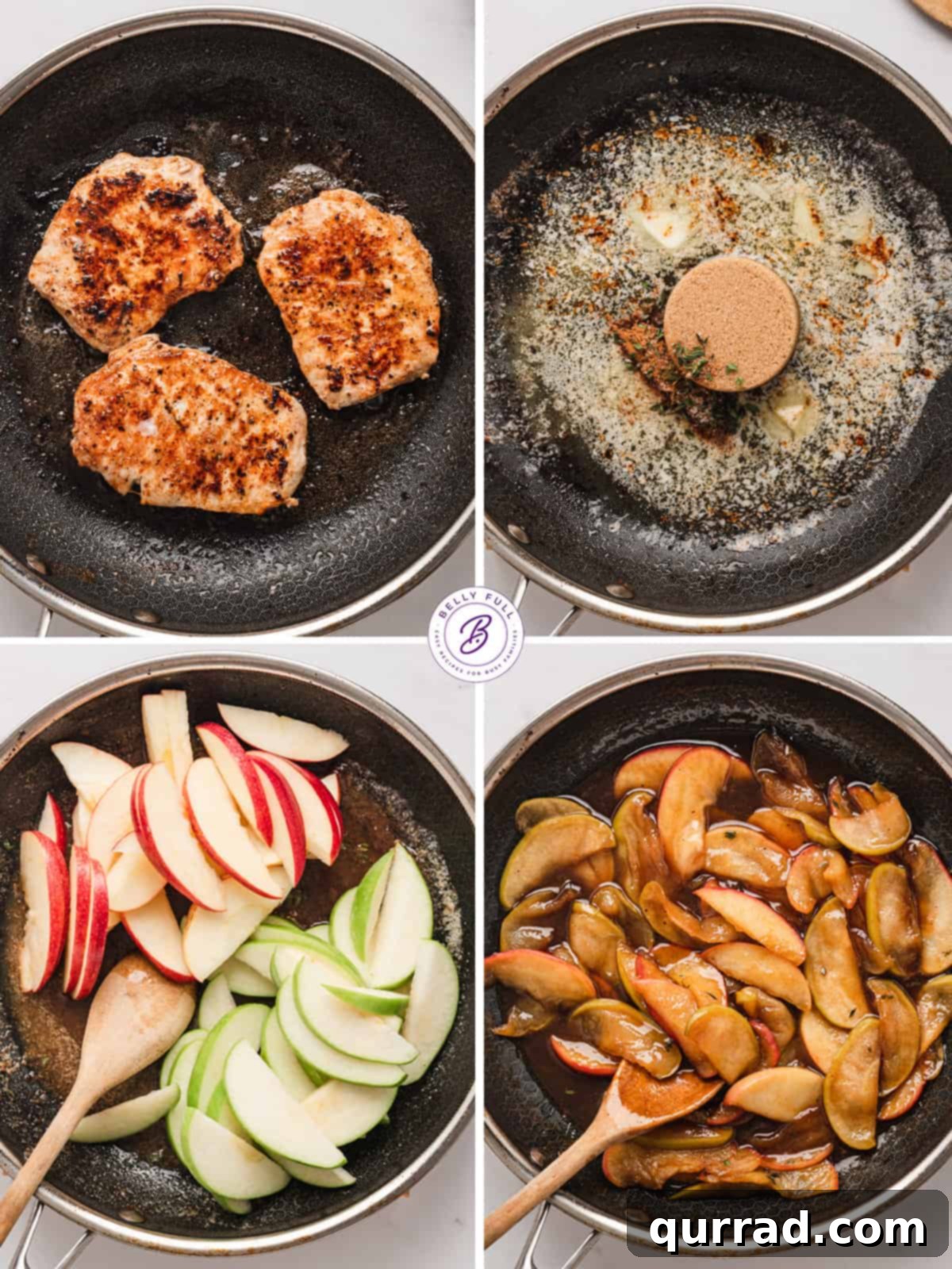 Visual guide: Making flavorful boneless pork chops with caramelized apples. A series of process shots showing the steps to prepare pork chops with apples, from seasoning to searing to caramelizing.