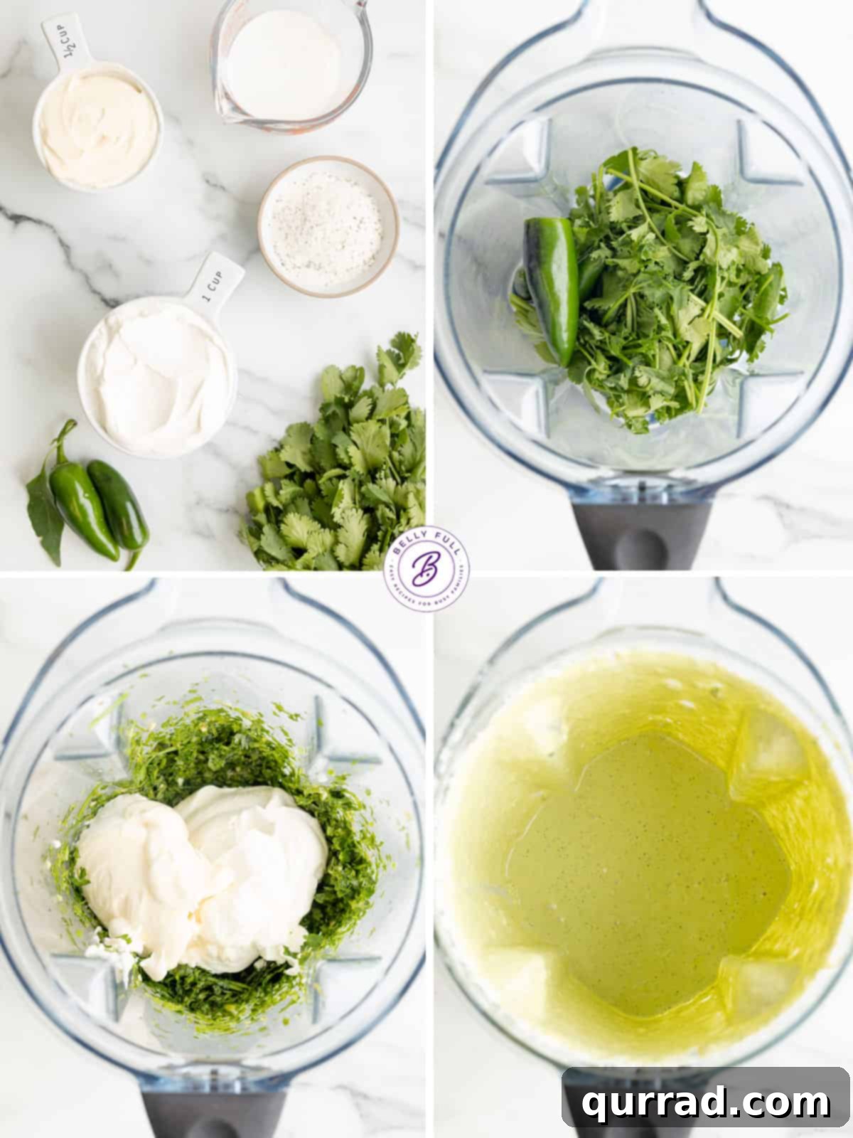 A sequence of four images illustrating the step-by-step process of making Creamy Jalapeño Dip in a blender, from initial ingredient addition to the final creamy blend.