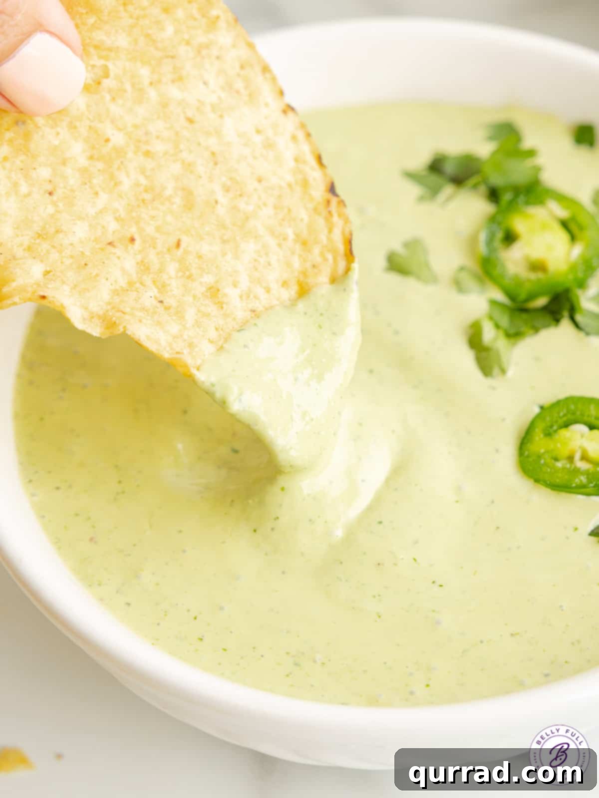 A delectable shot of a crispy tortilla chip perfectly dipped into a bowl of rich, creamy jalapeño dip, highlighting its smooth texture and inviting appeal.
