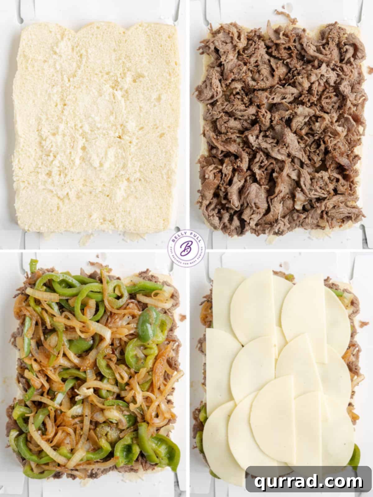 Ultimate Philly Slider Melts 4 Process shots illustrating the assembly and baking of the Philly Cheesesteak Sliders.