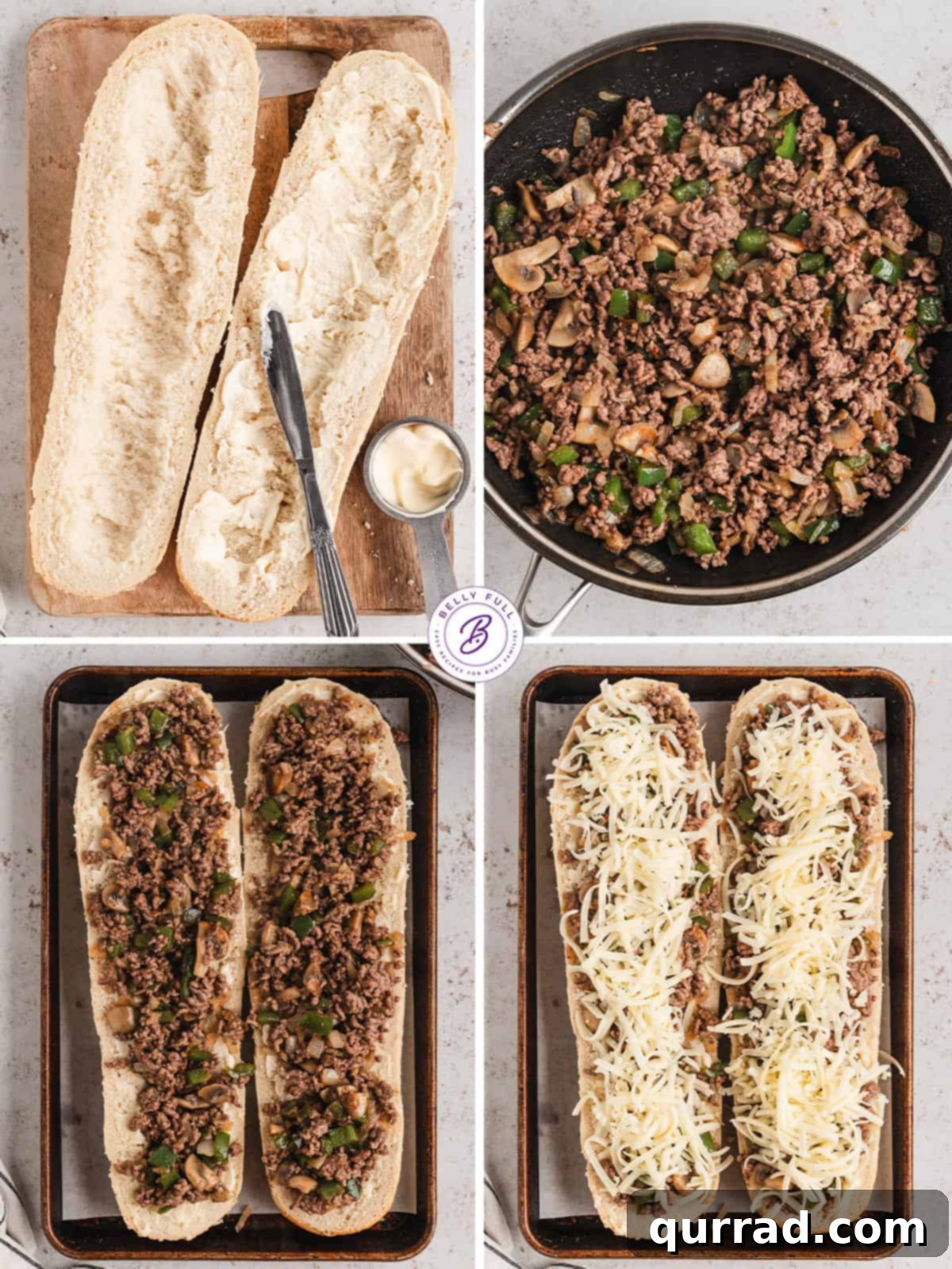 Process shots of how to make Philly cheesesteak cheesy bread, showing ingredients being cooked and assembled