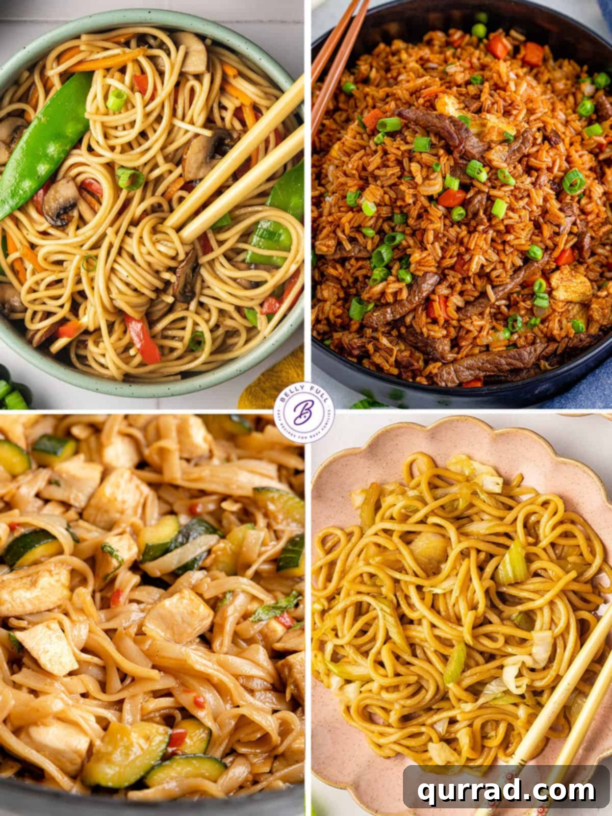 Spring Festival 3 A beautiful array of Chinese noodle and rice dishes, including savory lo mein, golden beef fried rice, spicy drunken noodles, and classic chow mein, perfect for a hearty celebration.