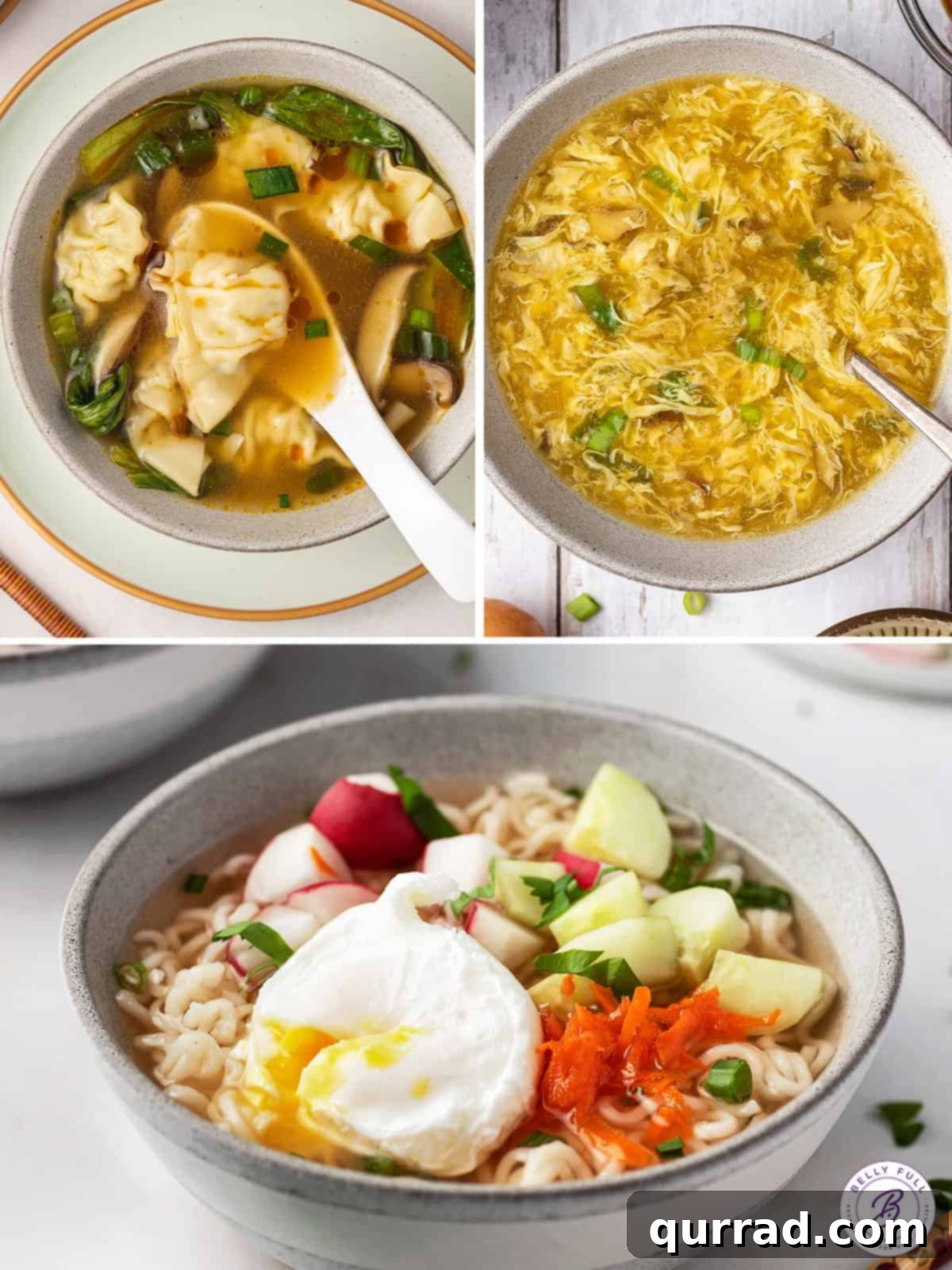 Spring Festival 4 Three steaming bowls of delicious Chinese soups: comforting wonton soup, silky egg drop soup, and tangy hot and sour soup, perfect for warming up.