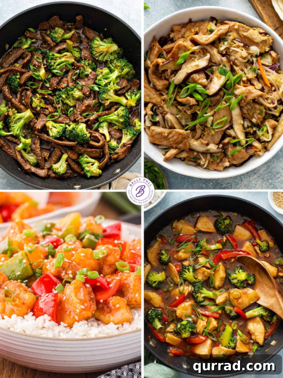 Spring Festival 5 A dynamic collection of four vibrant Asian stir-fry dishes: savory beef and broccoli, rich moo shu pork, classic sweet and sour pork, and colorful chicken and vegetable stir-fry.