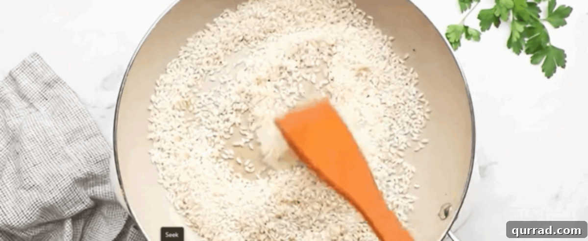 Crispy Golden Arancini 4 Arborio rice being toasted in olive oil, then simmering with white wine and vegetable broth, absorbing liquid to create creamy risotto.