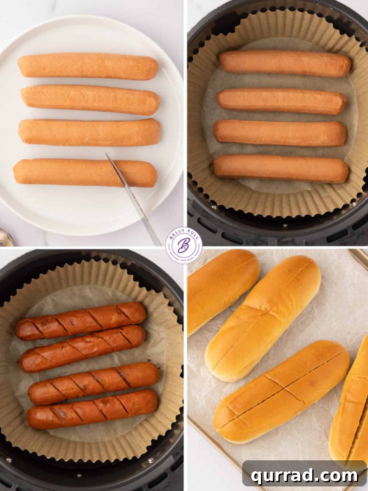 Golden Air Fryer Hot Dogs 3 Process shots of how to make hot dogs in the air fryer
