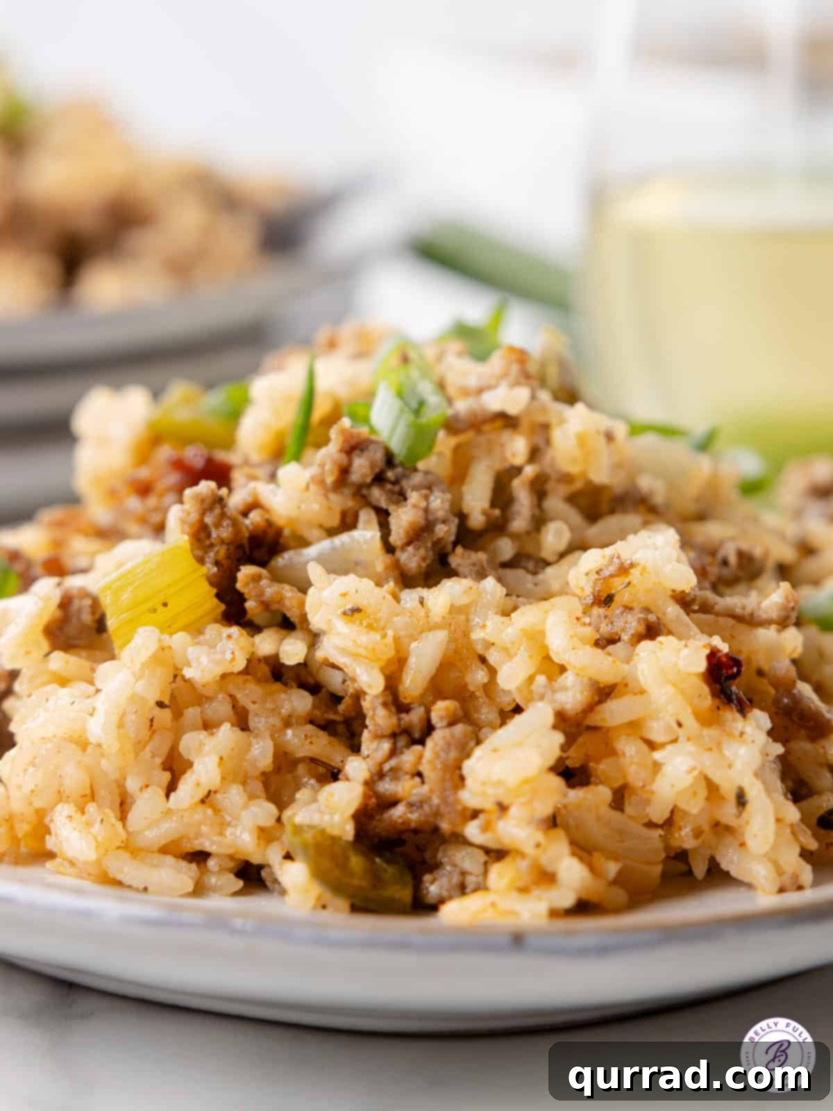 A generous serving of cooked dirty rice casserole piled on a white plate, garnished with fresh parsley.