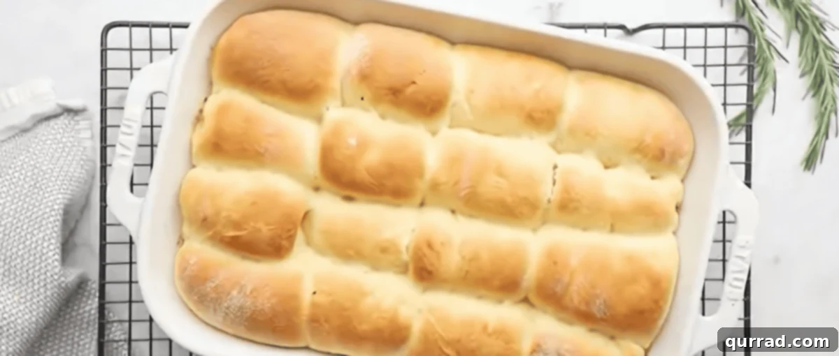 Perfectly Baked Parker House Rolls, Golden and Aromatic A baking dish of golden brown Parker House rolls on a cooling rack, fresh from the oven.
