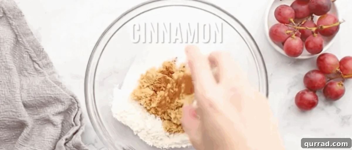 Step 6: Crafting the Streusel A bowl shows the streusel topping ingredients—flour, sugars, cinnamon, melted butter, and chopped pecans—being mixed together until crumbly.