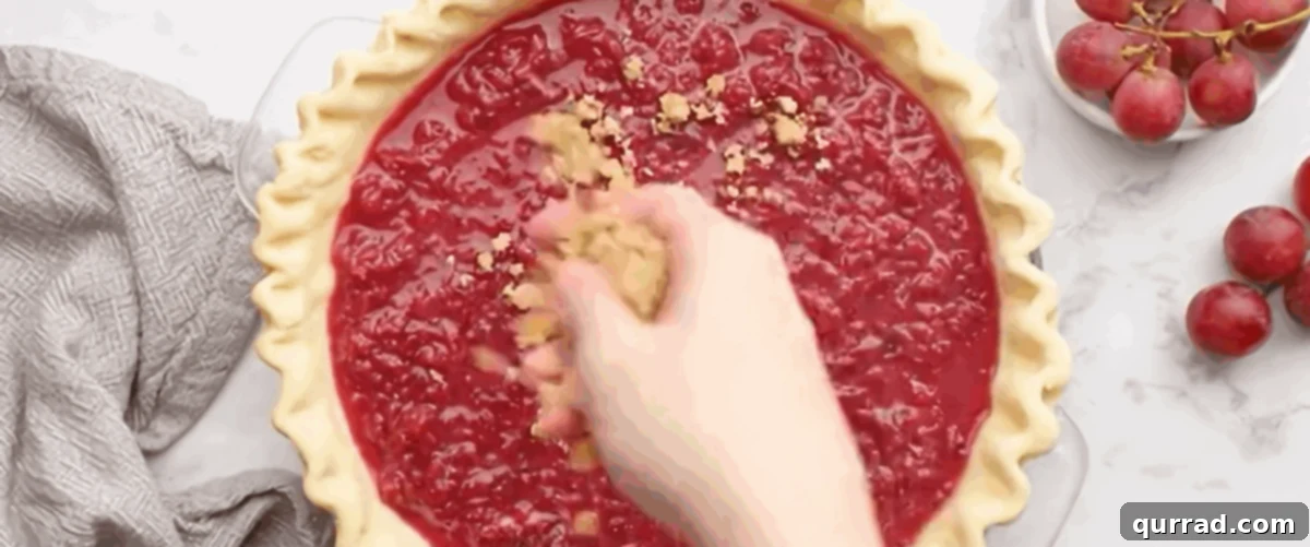 Step 7: Assembling the Pie The assembled grape pie, with its grape filling poured into the crust and topped with streusel, is placed on a baking sheet, ready for the oven.