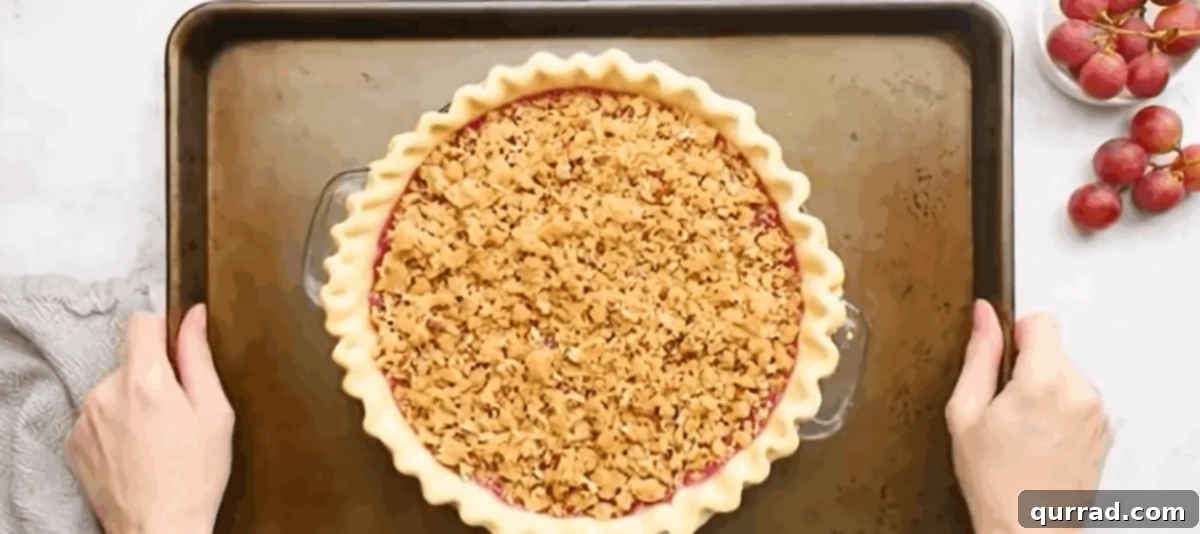 Step 8: Baking Preparation The unbaked grape pie, with its streusel topping, sits on a baking sheet, prepped for the oven to catch any potential spills.