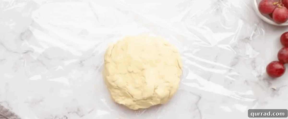 Step 2: Chilling the Pie Dough Pie crust dough, freshly made, is shaped into a smooth disk and wrapped in plastic wrap, ready for refrigeration.