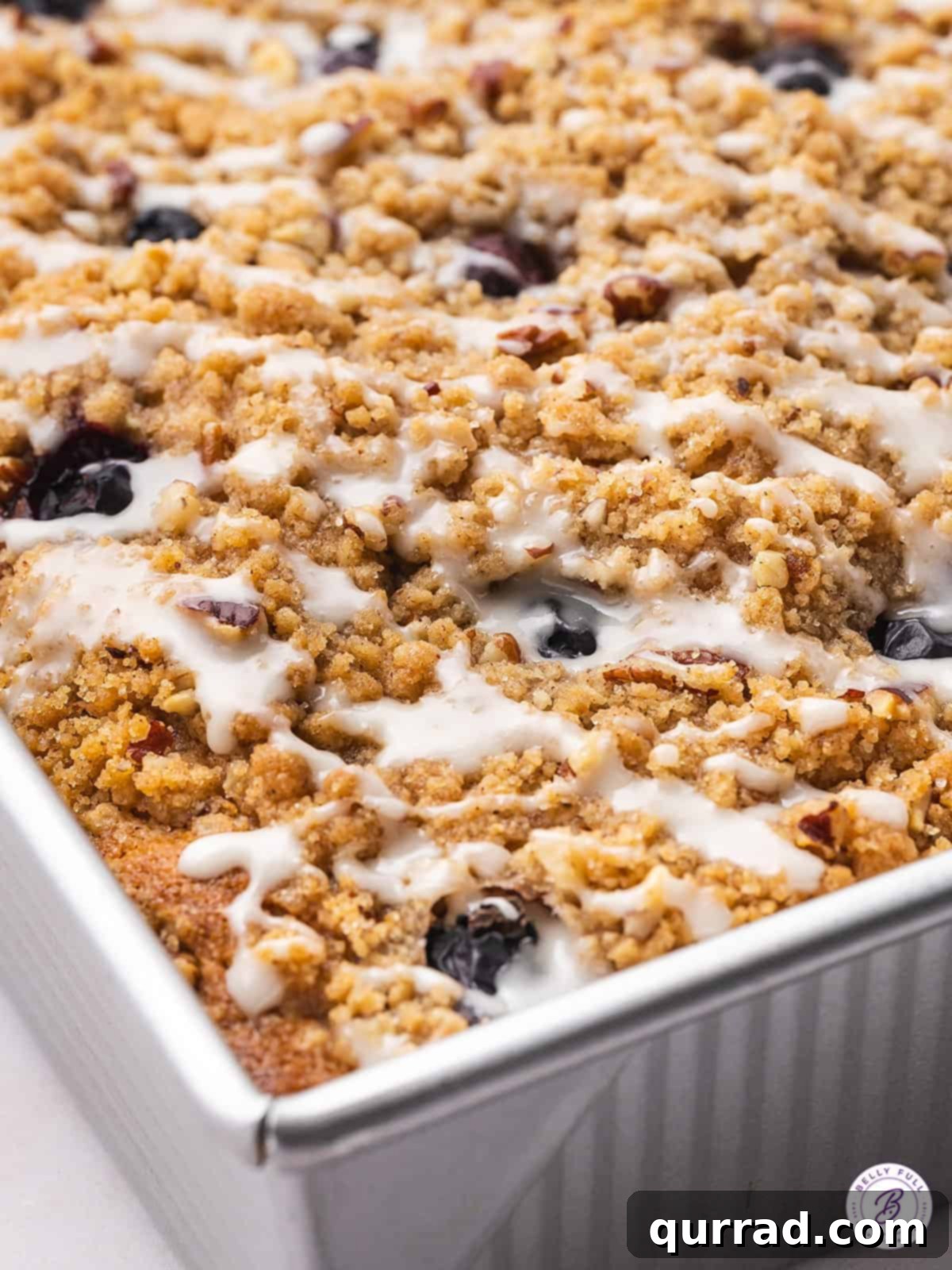A golden-brown blueberry coffee cake, still warm from the oven, resting in a square baking pan with its enticing streusel topping.