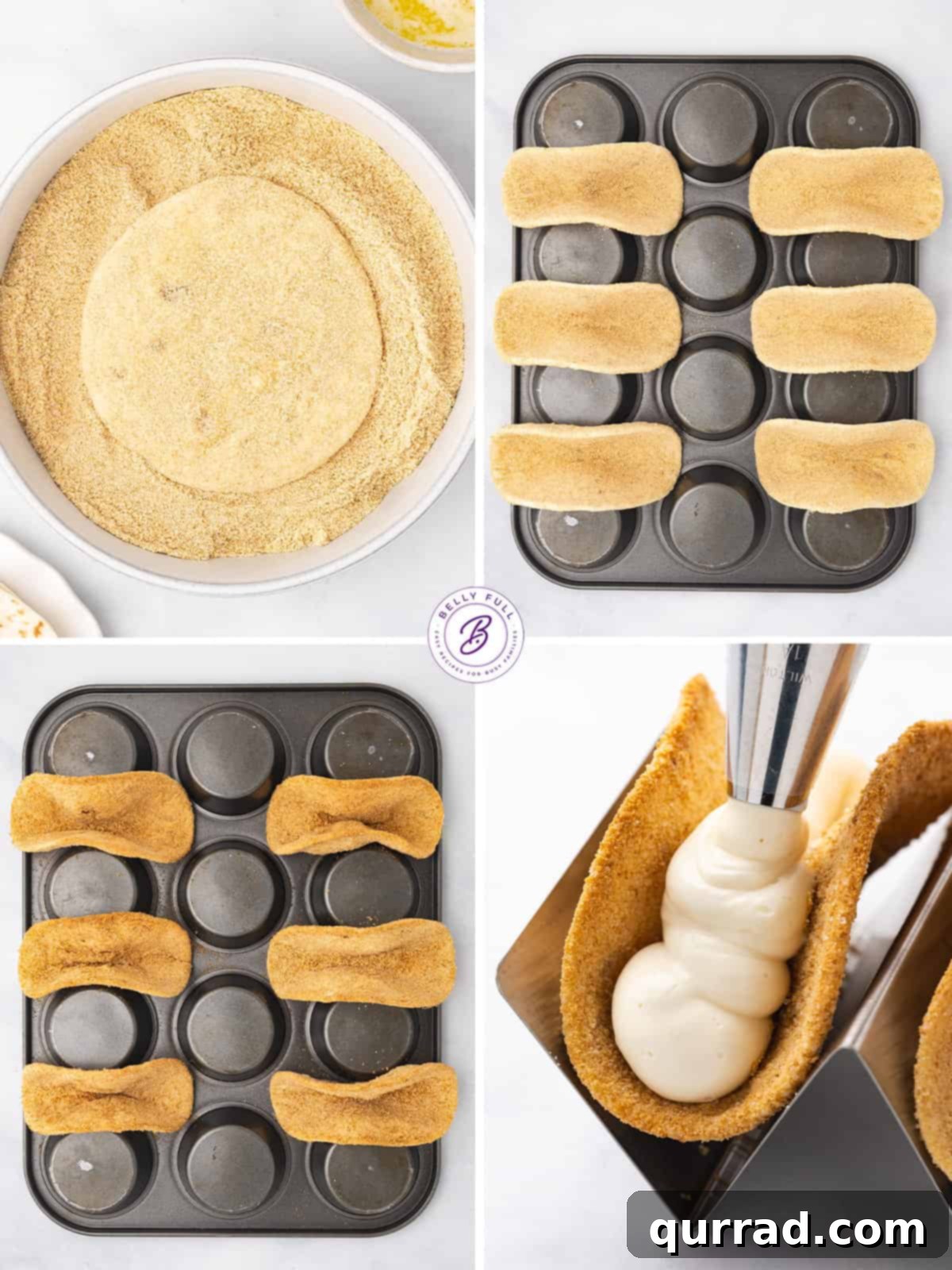 Step-by-step visuals for making Cherry Cheesecake Tacos, ensuring perfect results. A series of process shots illustrating how to prepare cherry cheesecake tacos, from coating tortillas to piping filling.
