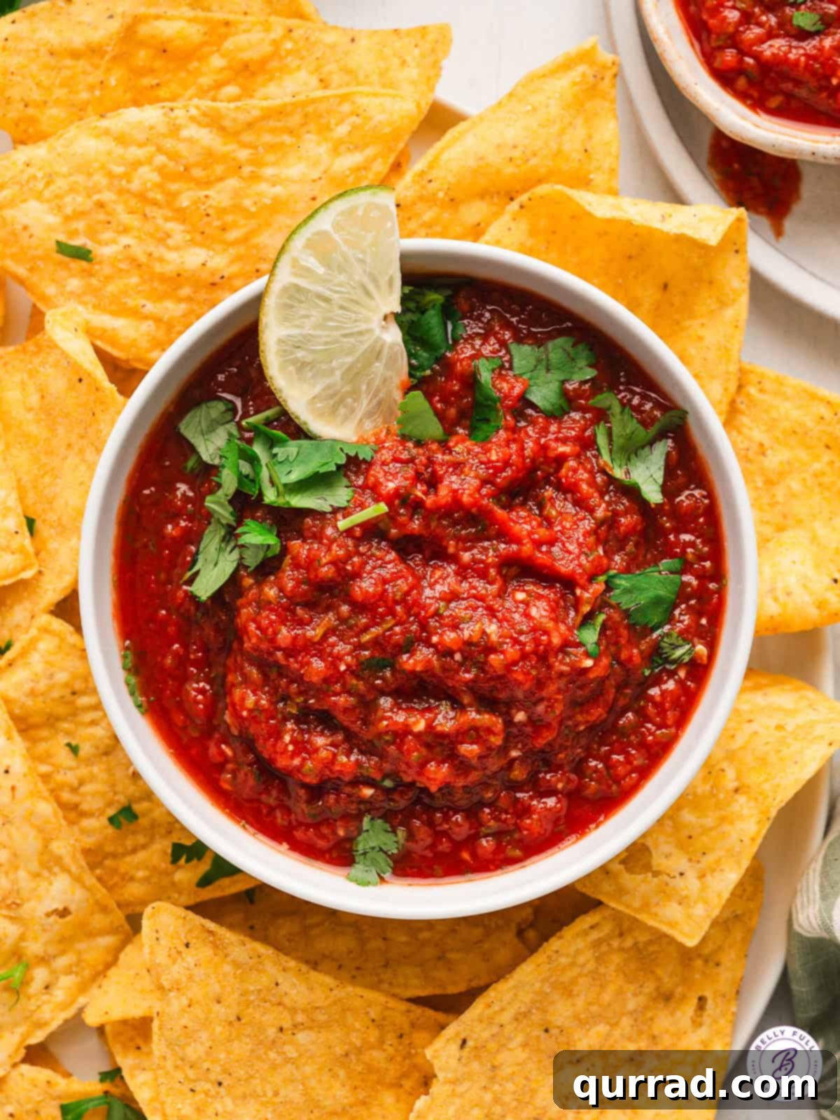 Classic Red Salsa 2 A beautifully presented bowl of homemade Salsa Roja, garnished with fresh cilantro, surrounded by crisp tortilla chips, ready for dipping.
