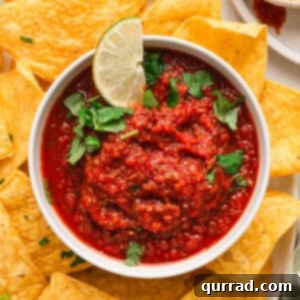 overhead salsa roja in bowl with tortilla chips