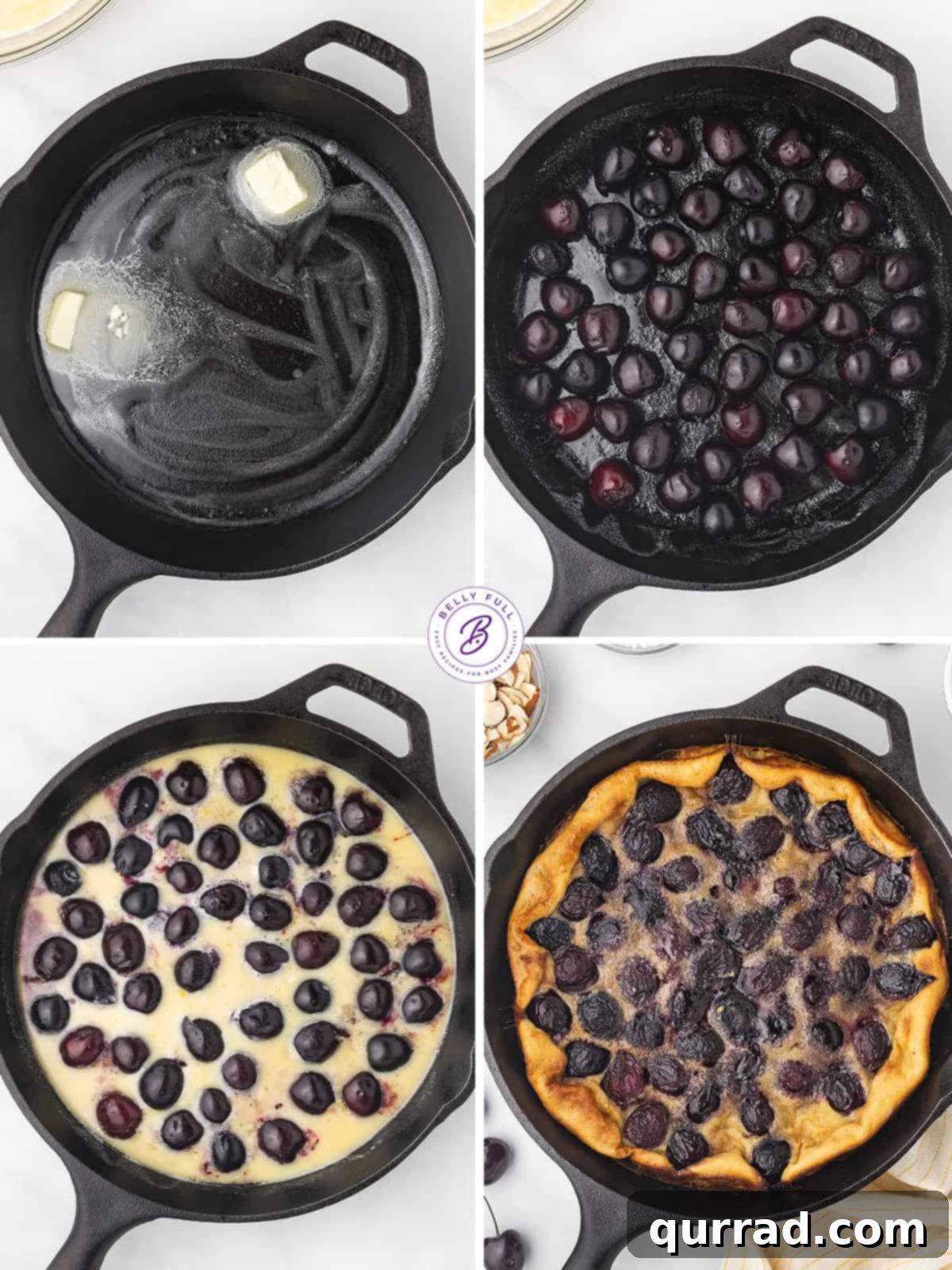 This Cherry Clafoutis recipe features a rich custard-like filling dotted with fresh tart cherries. Easy yet elegant! Process shots of how to make cherry clafoutis