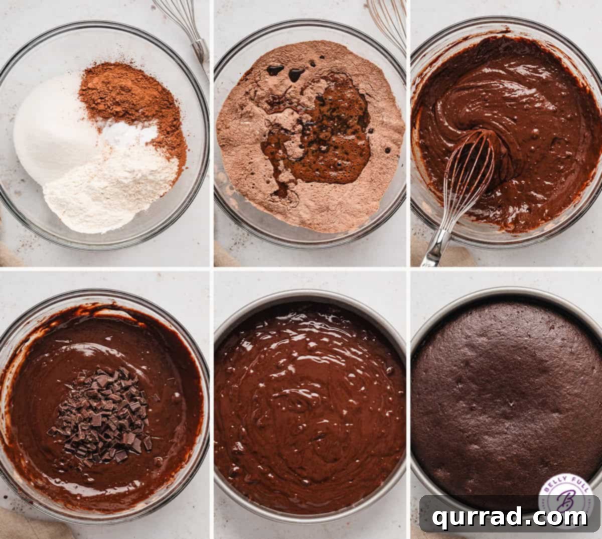 Learn how to make this super moist Vegan Chocolate Cake, blending cocoa powder, chopped chocolate, and almond milk for an incredible rich flavor. A step-by-step visual guide showing the process of making eggless chocolate cake, from mixing ingredients to pouring batter into the pan.