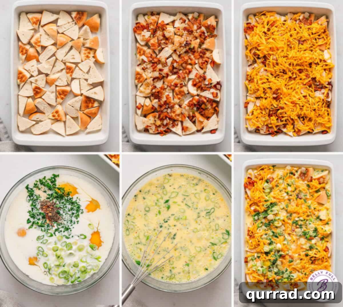 With thick-cut bacon, cheddar cheese, and a few spices, this Bagel Egg Bake is an easy savory option for breakfast or brunch. Process shots showing how to prepare an egg bake with bagels, from chopping ingredients to assembly