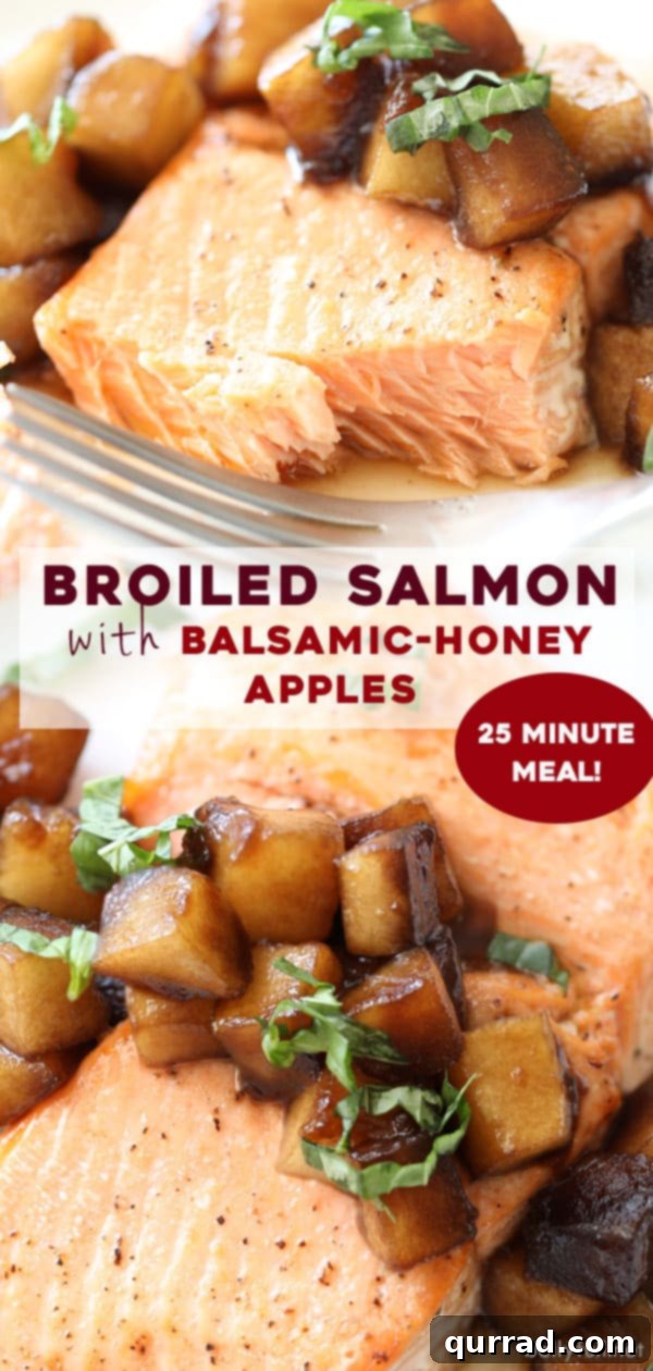 A vibrant close-up of broiled salmon with a rich balsamic-honey apple topping, garnished with fresh basil, showcasing a beautiful, healthy meal.