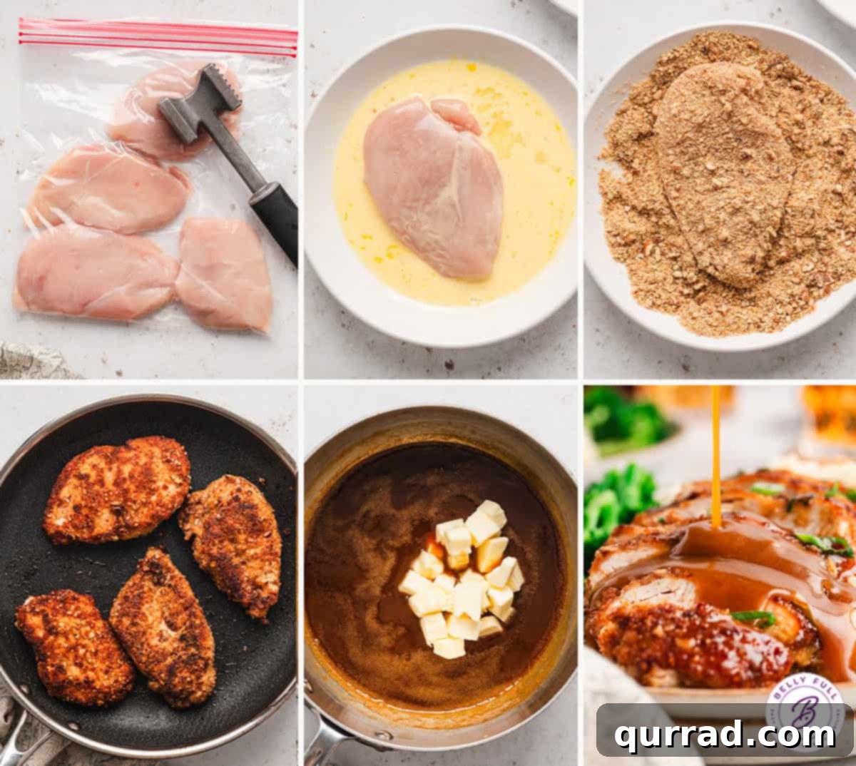 Process shots showing how to prepare bourbon pecan chicken, from breading to pan-frying and saucing.