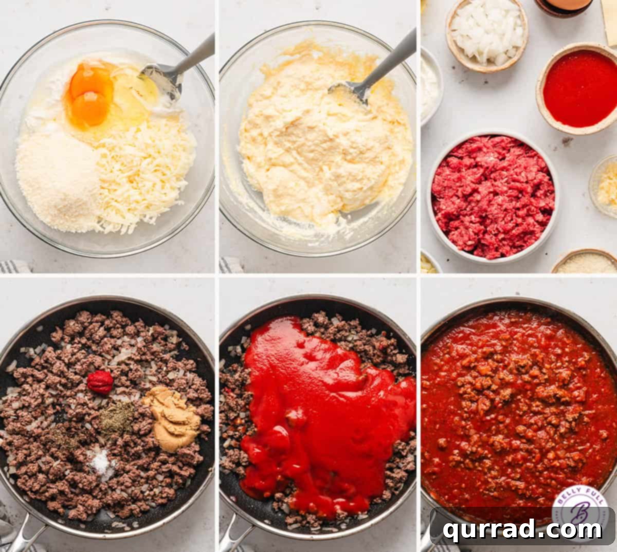 Lazy Day Lasagna is made with no-cook noodles, ricotta filling, and meat sauce. The easy lasagna recipe you didn't know you were missing! Process shots of how to make the ricotta filling and meat sauce, showing ingredients being mixed
