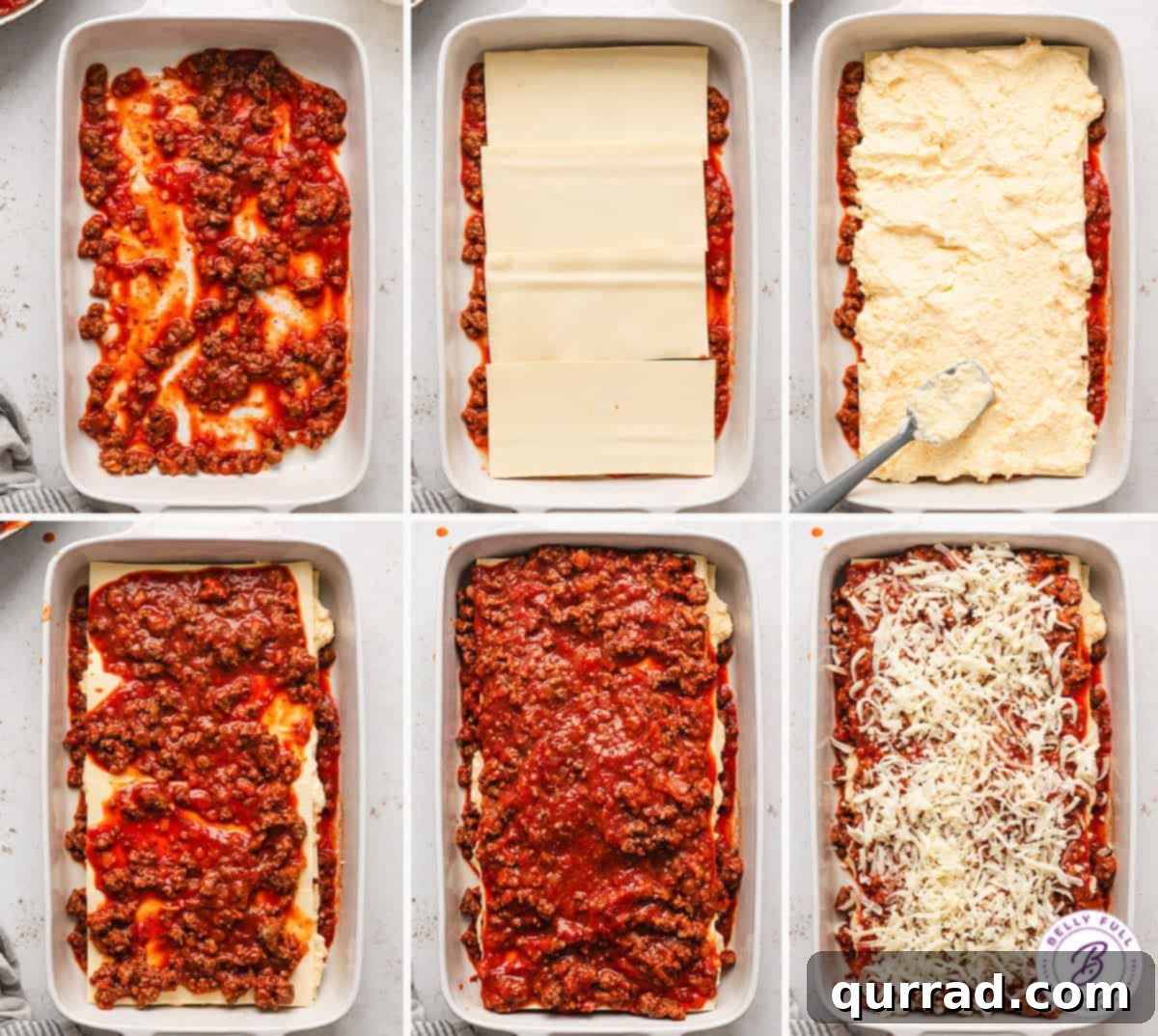 Lazy Day Lasagna is made with no-cook noodles, ricotta filling, and meat sauce. The easy lasagna recipe you didn't know you were missing! Process shots of how to assemble the casserole, showing layers of sauce, noodles, and cheese