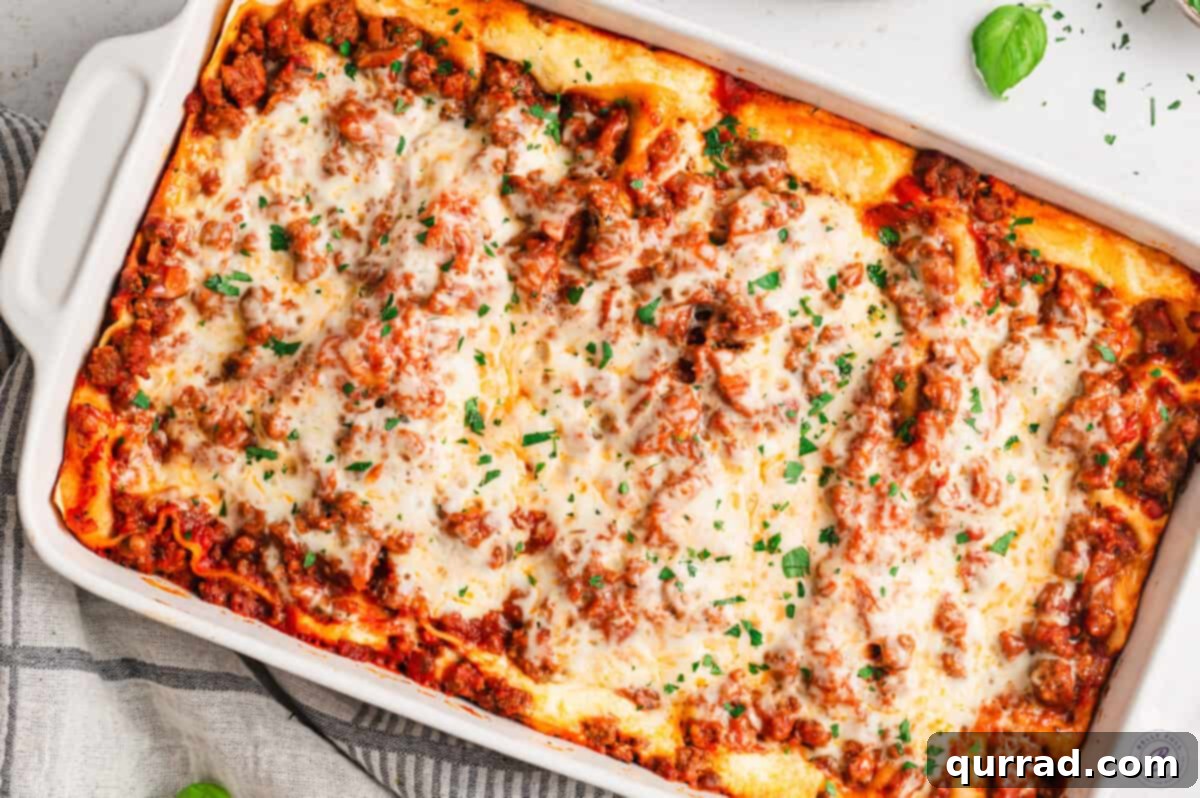 Lazy Day Lasagna is made with no-cook noodles, ricotta filling, and meat sauce. The easy lasagna recipe you didn't know you were missing! Overhead view of a perfectly baked lazy day lasagna in a casserole dish, ready to be served