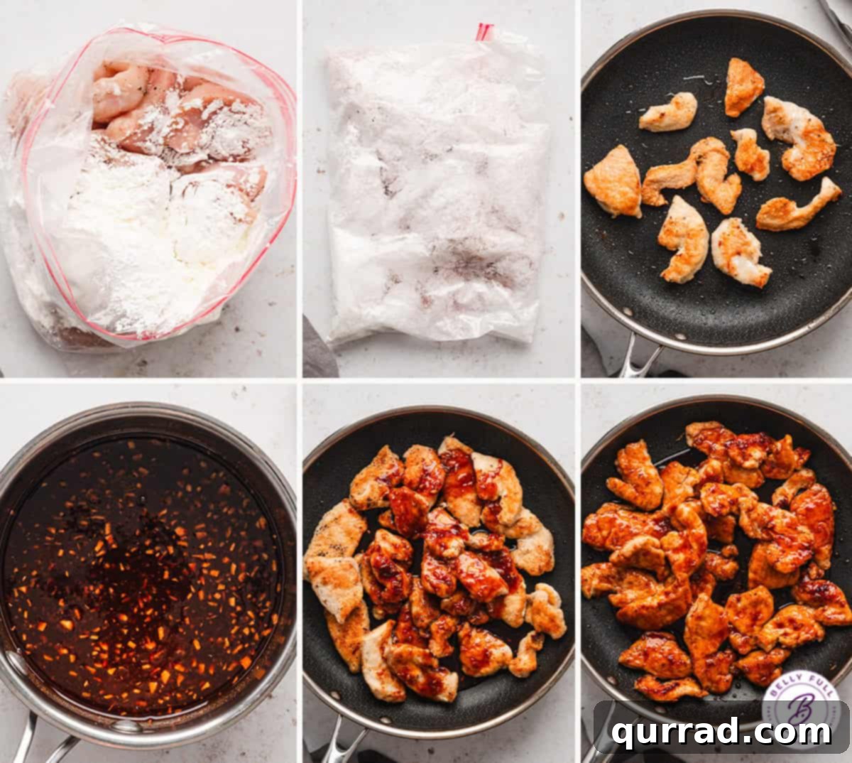With honey, soy sauce, brown sugar, and sriracha, Sweet & Spicy Sticky Chicken offers the perfect balance of flavor & texture. Process shots showing chicken being coated in cornstarch, then pan-fried, and finally simmering in the sticky sauce.