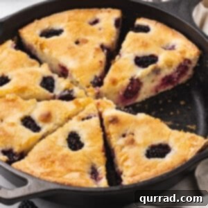sliced blackberry cake in a cast iron skillet