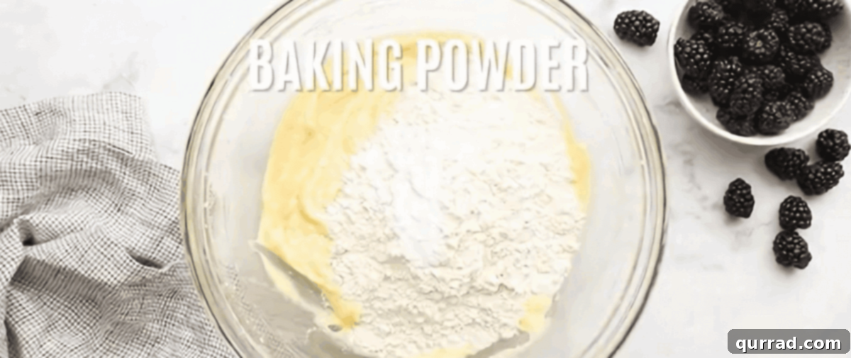 Luscious Blackberry Delight 6 Adding all-purpose flour, baking powder, and salt to the wet batter in a mixing bowl.